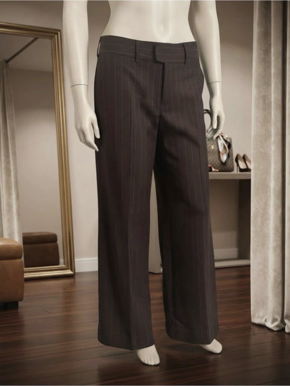XOXO Women's Brown Pinstripe Wide-Leg Pants